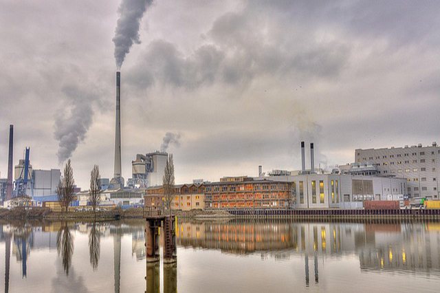 Industrial zone in Europe showing facilities affected by EU PFAS restrictions and regulatory compliance measures.