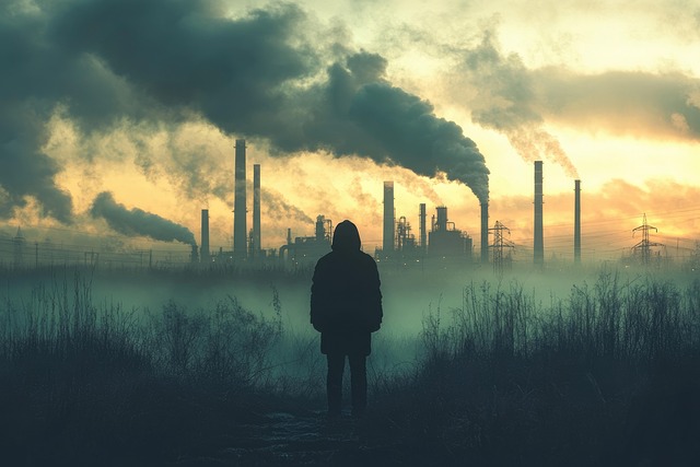 A person observing industrial fumes rising into the air, symbolising carbon emissions and the challenge of China’s clean-energy transition.