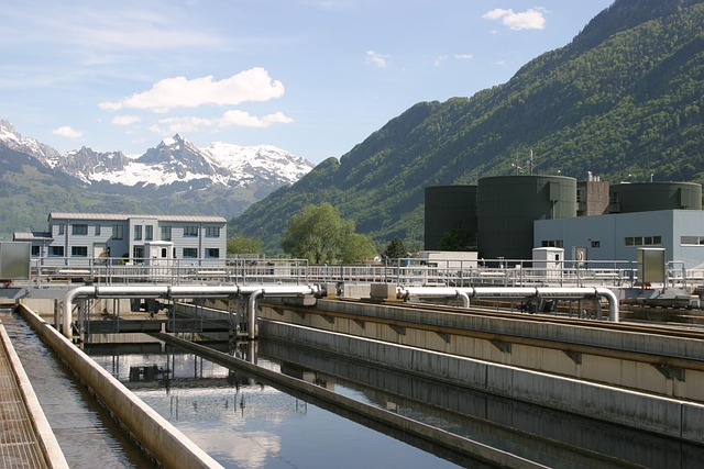 Sewage treatment facility illustrating modern wastewater treatment and smart water technology.