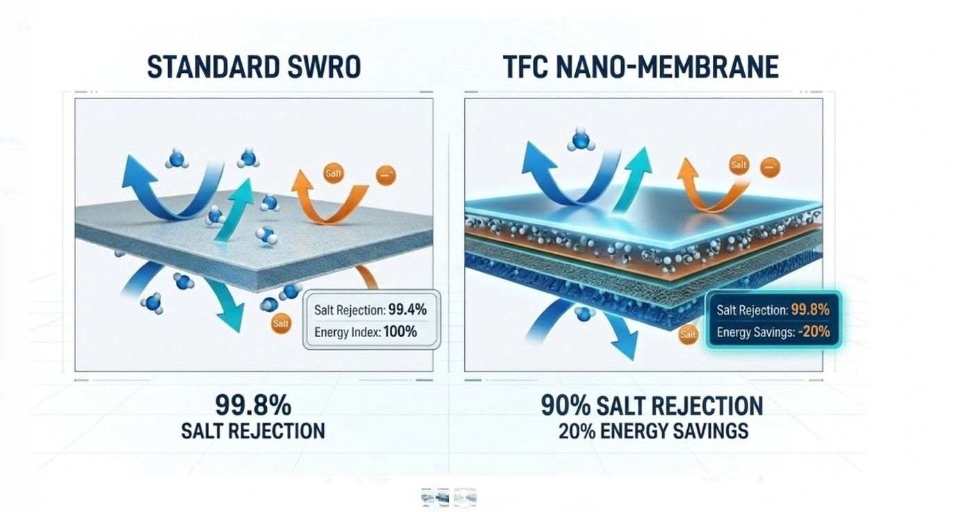Comparison of TFC nano-membranes and traditional SWRO efficiency at WATERTECH CHINA, highlighting 99.8% salt rejection
