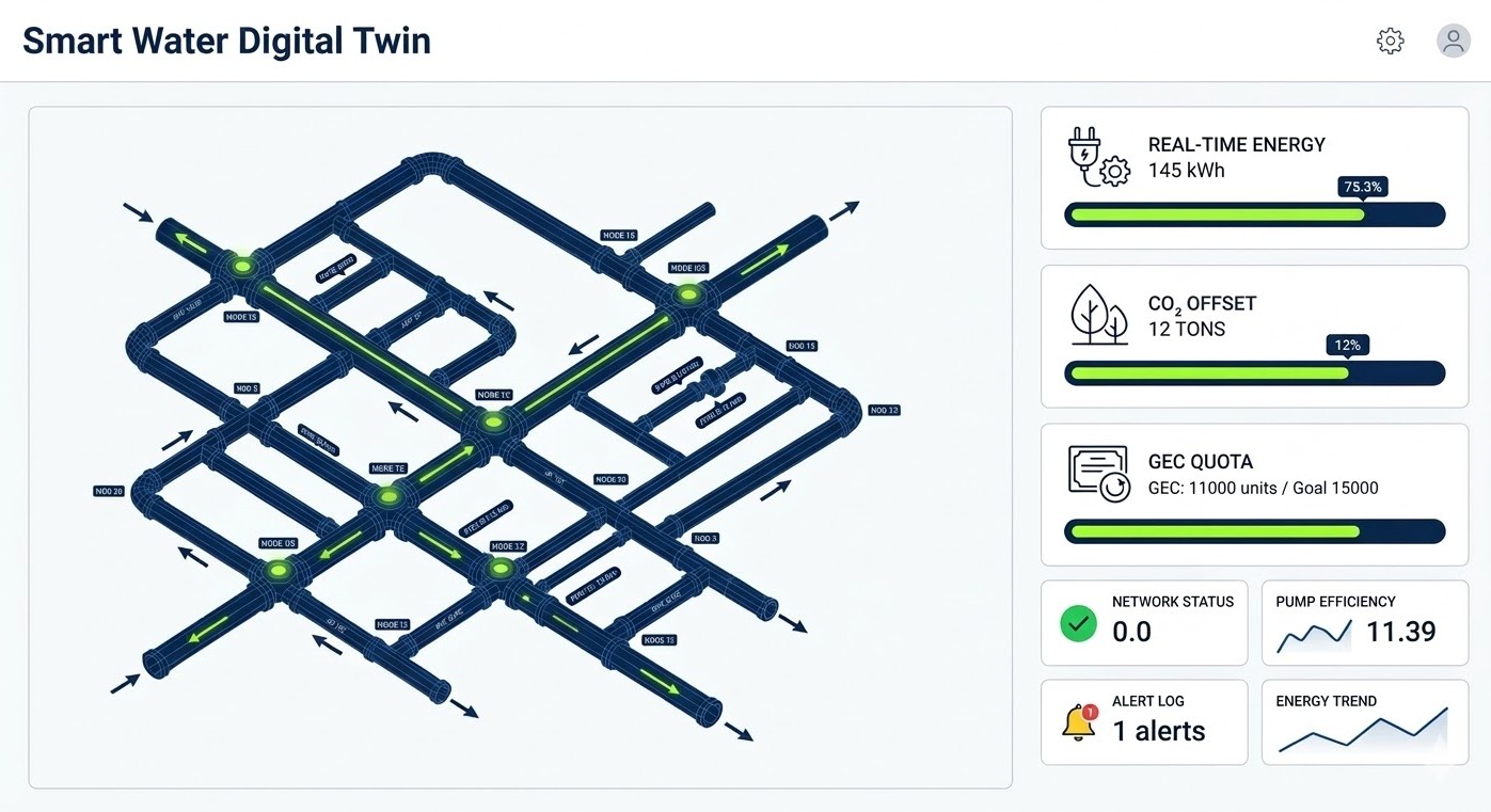 Digital Twin dashboard for real-time energy monitoring and GEC tracking in smart water management systems.
