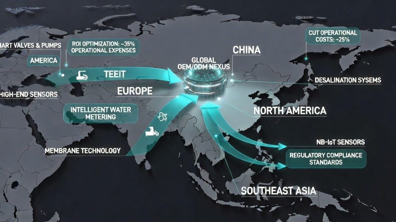 Global water technology sourcing hub and OEM/ODM supply chain map at WATERTECH CHINA Shanghai, showing ROI and supply routes