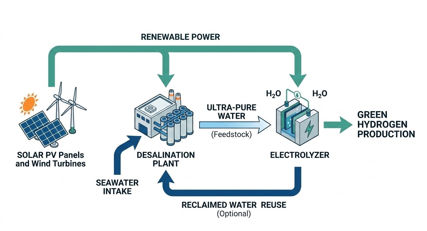 Integrated renewable energy solar desalination and green hydrogen production closed-loop system workflow, featured at WATERTECH CHINA 2026