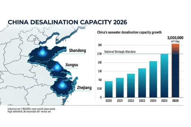 China seawater desalination capacity growth (2020-2026) and strategic distribution map for Shandong, Jiangsu, and Zhejiang, featured at WATERTECH CHINA