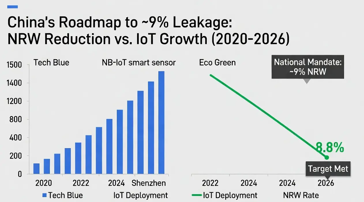 Comparison of NRW reduction and NB-IoT deployment trends in Chinese municipal utilities (Shanghai and Shenzhen)
