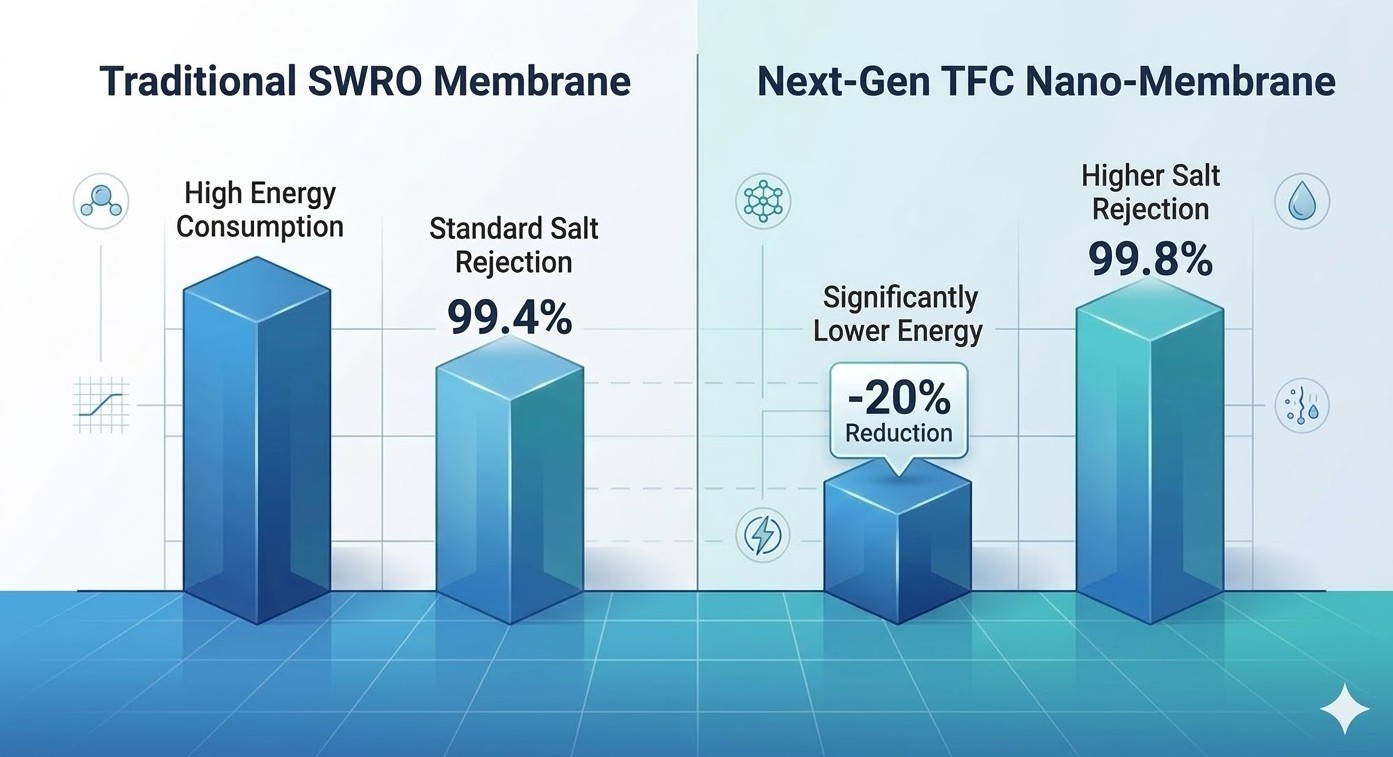 Technical comparison of TFC nano-membranes and traditional SWRO efficiency to reduce operational expenses for China’s Green Certificate Growth compliance