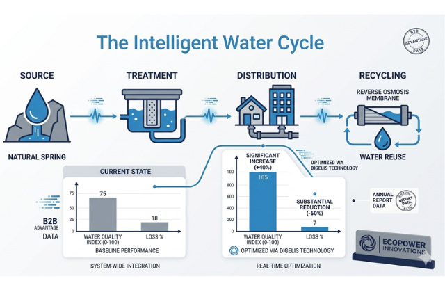 Infographic showing the integration of digital water solutions across the full water cycle including AI and IoT