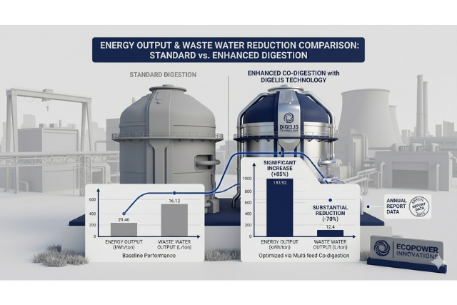 SUEZ Digelis FoodWaste process flow diagram showing biowaste treatment technology and biogas production.