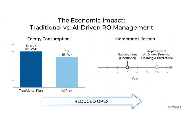 Modern digital water management system dashboard comparing legacy manual water treatment with AI water treatment advisor.