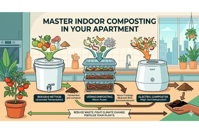 Illustration comparing Bokashi, vermicomposting, and countertop electric composters for indoor composting in apartments.