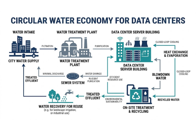 Diagram of a reclaimed water cooling system for data centers showing circular water economy at WATERTECH CHINA 2026.