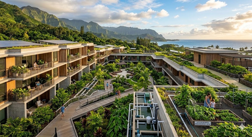 A modern multi-family residential complex in Hawaii featuring integrated green infrastructure for decentralized greywater reuse and sustainable irrigation.