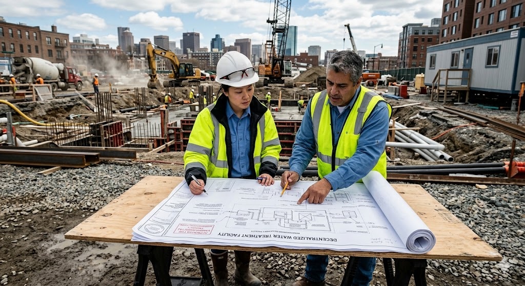 Professional environmental engineers reviewing blueprints for a decentralized water treatment facility at an urban construction site.