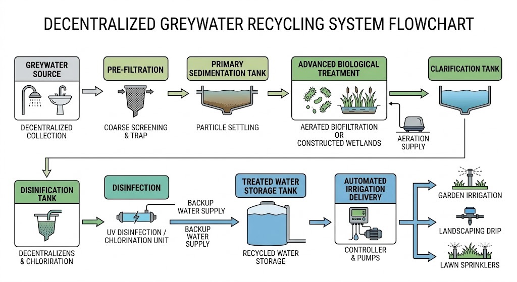 Technical flowchart of a decentralized greywater recycling system showing filtration, biological treatment, and automated irrigation delivery.