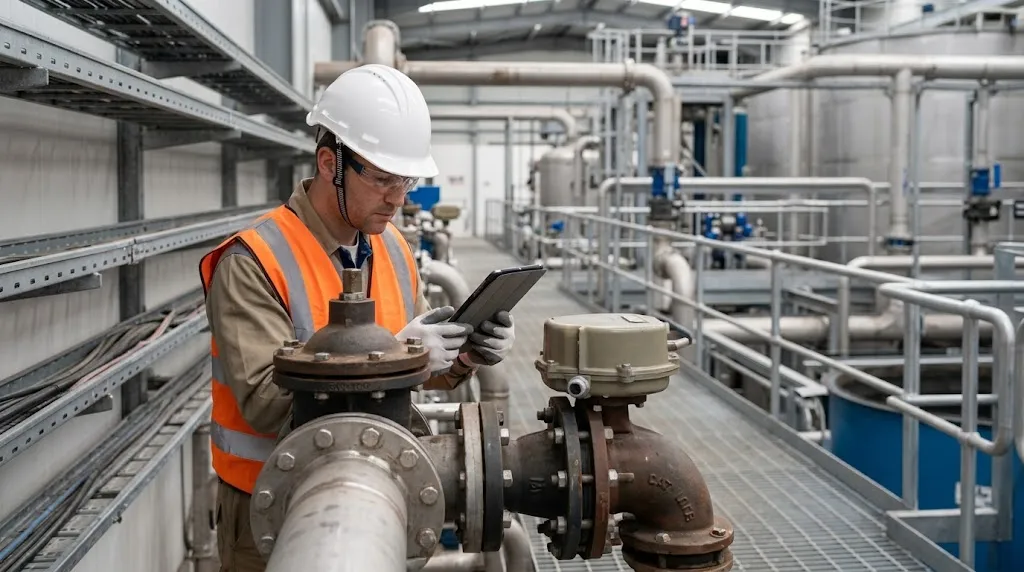 Engineer inspecting an industrial valve at a water treatment facility