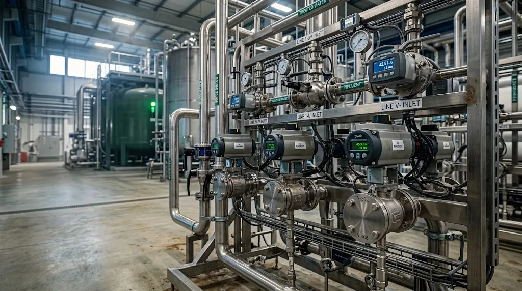 Industrial valves and automated flow control equipment in a water treatment plant