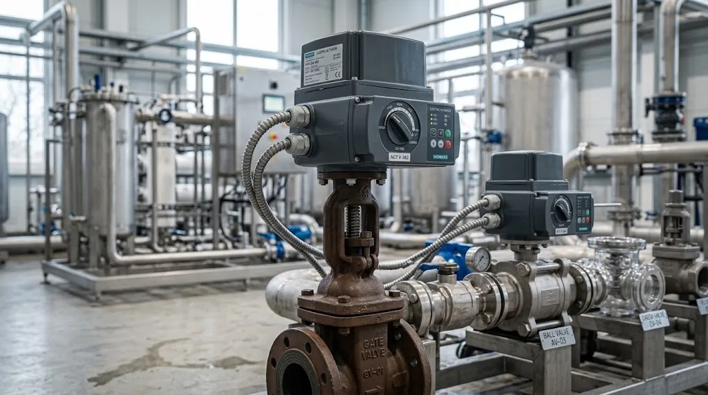 Electric actuator mounted on an industrial water valve