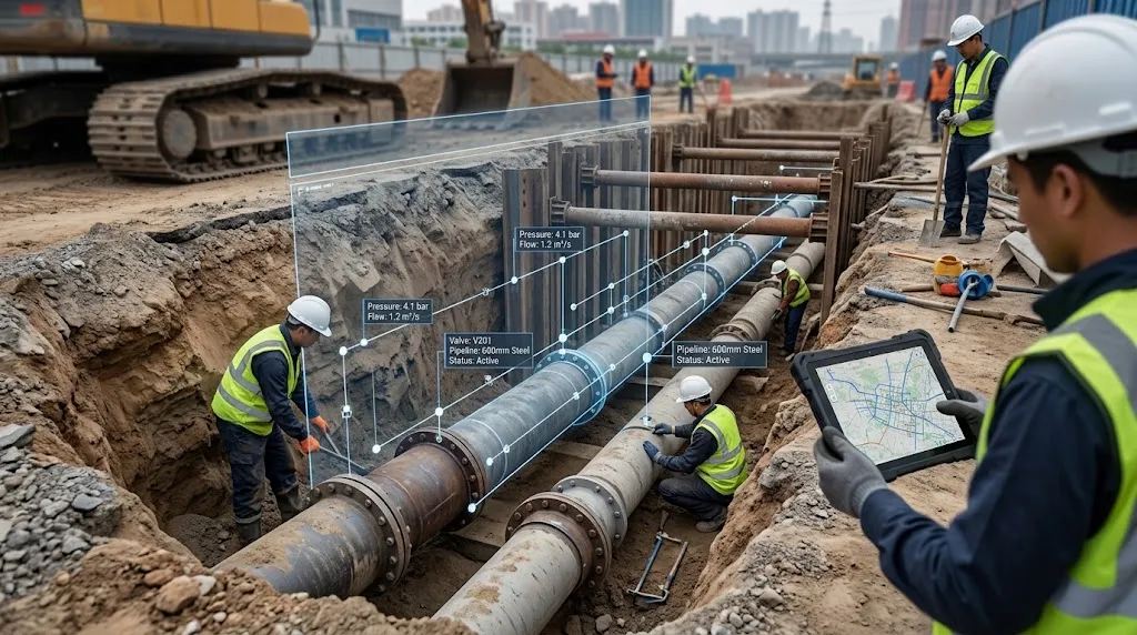 Digital twin of a smart municipal water distribution network integrating sensors, pipelines, pumping stations and real-time operational data.
