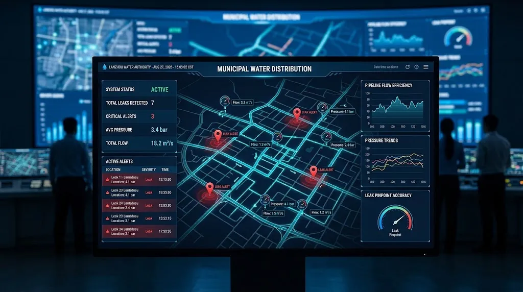 Digital water monitoring platform showing flow, pressure and leak detection data across a municipal water distribution network.
